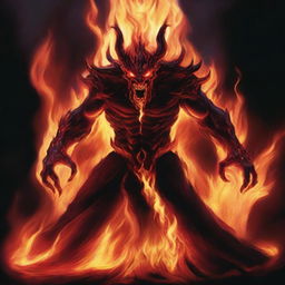 A vivid and intense depiction of fire taking the form of a menacing demon