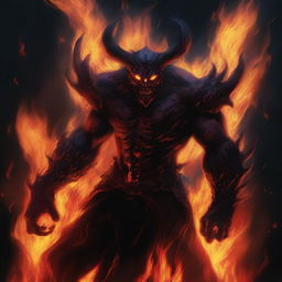 A vivid and intense depiction of fire taking the form of a menacing demon