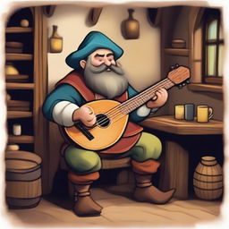 A dwarf bard playing a lute in a medieval tavern