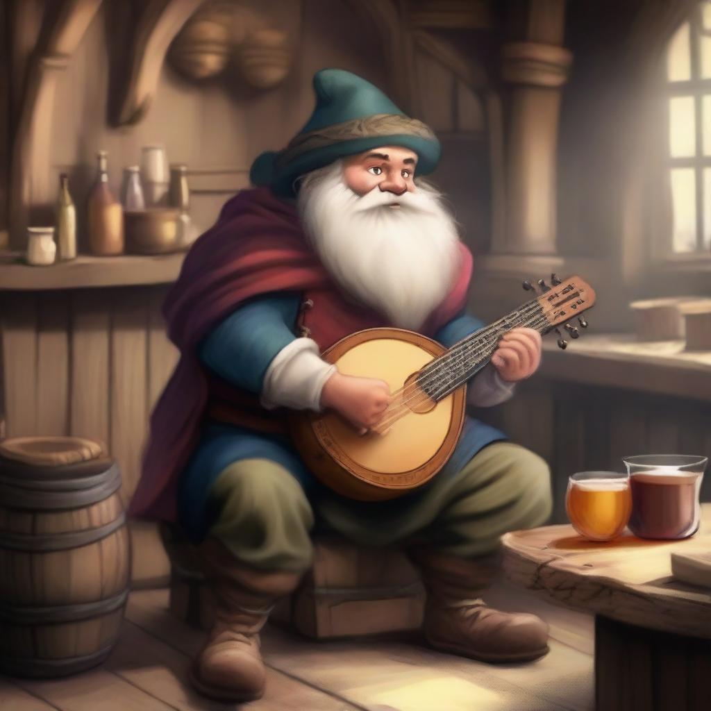 A dwarf bard playing a lute in a medieval tavern