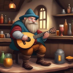 A dwarf bard playing a lute in a medieval tavern