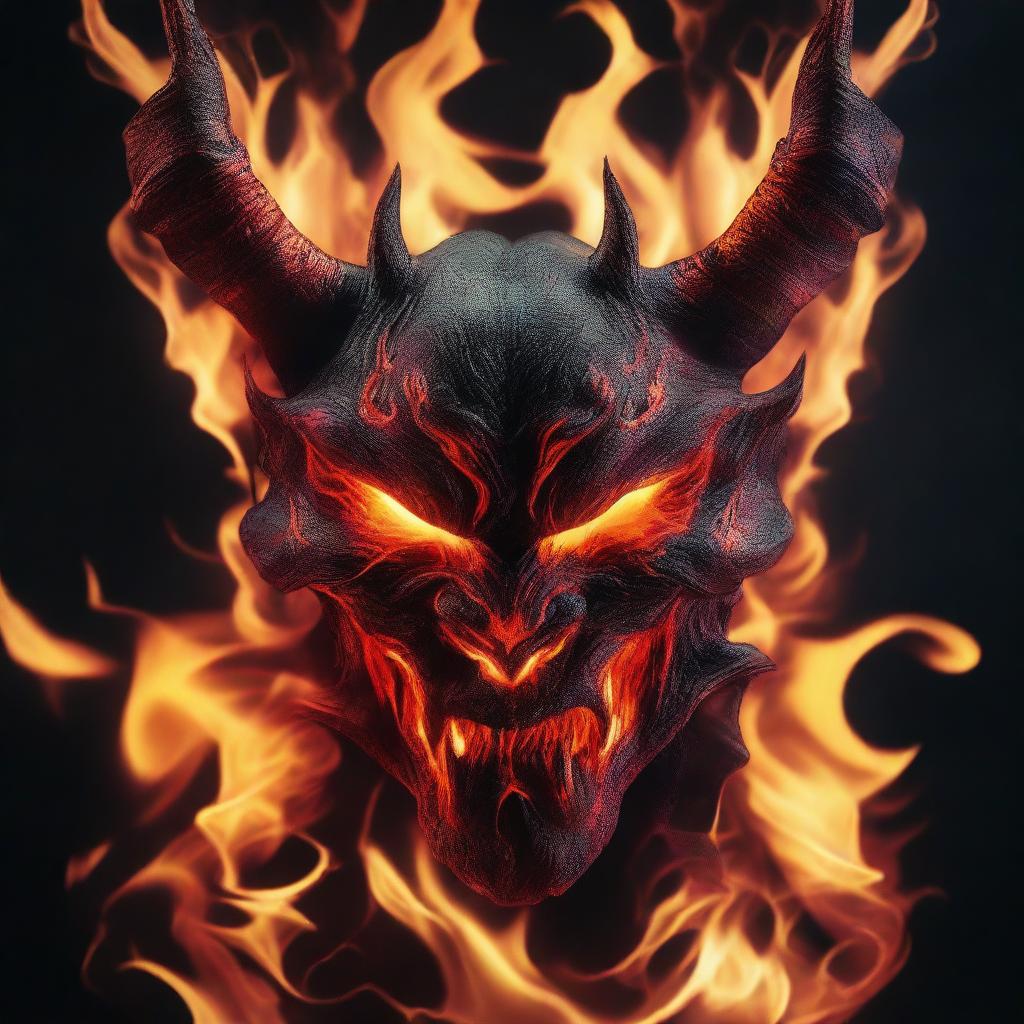 A vivid and intense image of fire forming the shape of a demon face