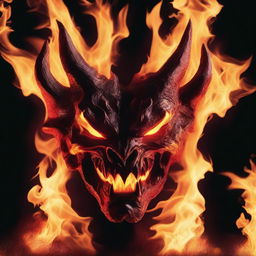 A vivid and intense image of fire forming the shape of a demon face