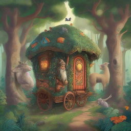 A detailed illustration of a dwarf caravan, also known as a vardo, traveling through a mystical forest