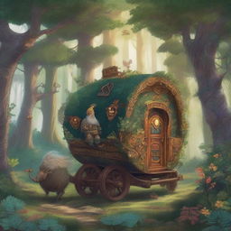 A detailed illustration of a dwarf caravan, also known as a vardo, traveling through a mystical forest