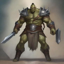 A fierce and powerful half-orc warrior standing in a battle-ready pose, with a rugged and muscular build