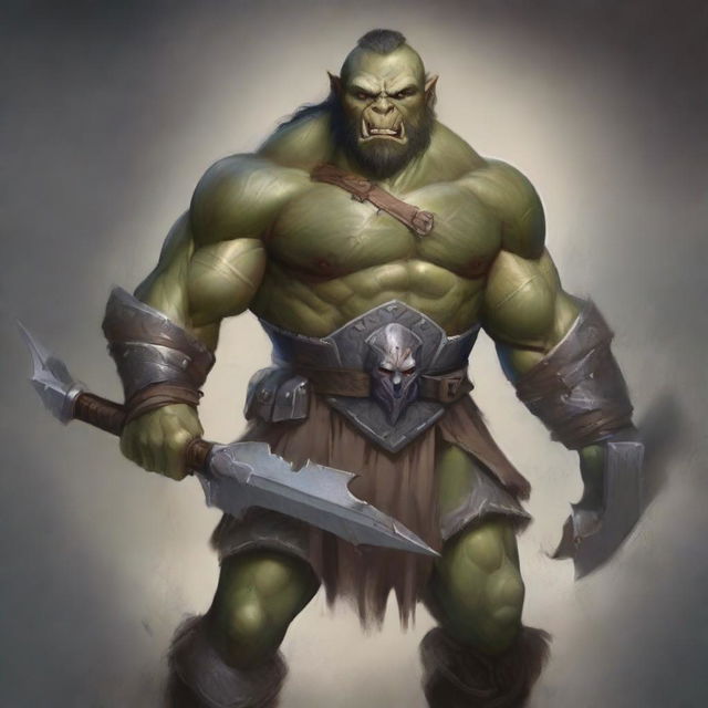 A fierce and powerful half-orc warrior standing in a battle-ready pose, with a rugged and muscular build