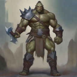 A fierce and powerful half-orc warrior standing in a battle-ready pose, with a rugged and muscular build