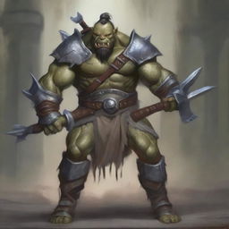 A fierce and powerful half-orc warrior standing in a battle-ready pose, with a rugged and muscular build