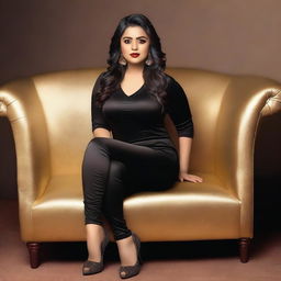 A beautiful Bengali actress and curvy model with an attractive body figure, wearing a bodycon kurta and silky black satin skinny tight shiny jeans