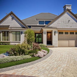 A luxurious contemporary house nestled in a serene suburban neighborhood, accentuated by a landscaped garden, well-manicured lawns and a cobblestone driveway.