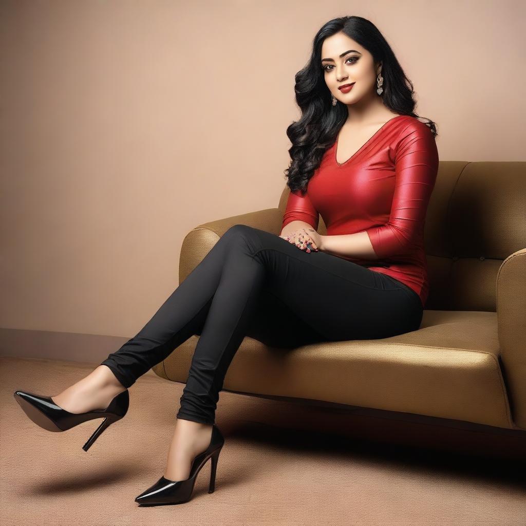 A beautiful Bengali actress and curvy model with an attractive body figure, wearing a bodycon kurta and silky black satin skinny tight shiny jeans