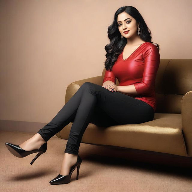 A beautiful Bengali actress and curvy model with an attractive body figure, wearing a bodycon kurta and silky black satin skinny tight shiny jeans