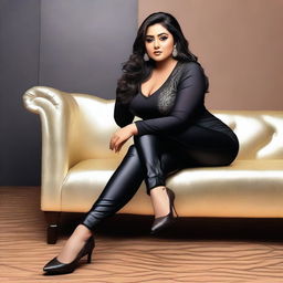 A beautiful Bengali actress and curvy model with an attractive body figure, wearing a bodycon kurta and silky black satin skinny tight shiny jeans