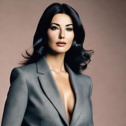 A 26-year-old woman, reminiscent of Monica Bellucci, exudes sophistication with her Italian features and elegant demeanor