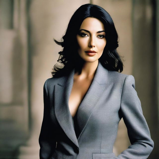 A 26-year-old woman, reminiscent of Monica Bellucci, exudes sophistication with her Italian features and elegant demeanor