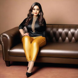 A beautiful Bengali actress and curvy model with an attractive body figure, wearing a bodycon kurta and silky black satin skinny tight shiny jeans