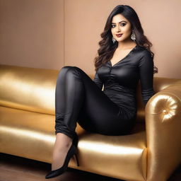 A beautiful Bengali actress and curvy model with an attractive body figure, wearing a bodycon kurta and silky black satin skinny tight shiny jeans