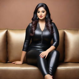 A beautiful Bengali actress and curvy model with an attractive body figure, wearing a bodycon kurta and silky black satin skinny tight shiny jeans