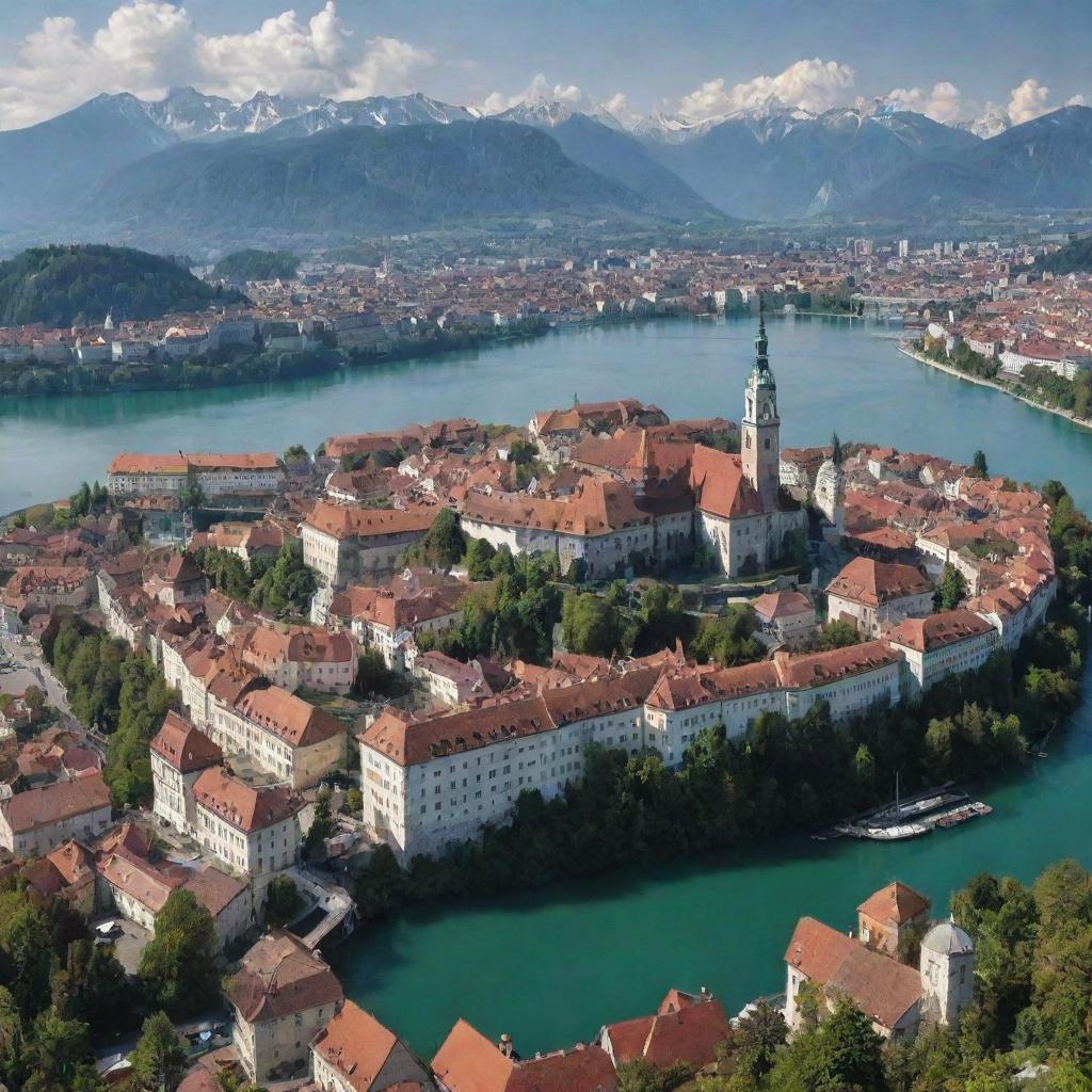 A vision of Slovenia pervaded by the steampunk aesthetic: Ljubljana cityscape underscored by antique mechanical constructs, the Julian Alps dotted with steam-powered accommodations, and Lake Bled surrounded by clockwork landscapes.