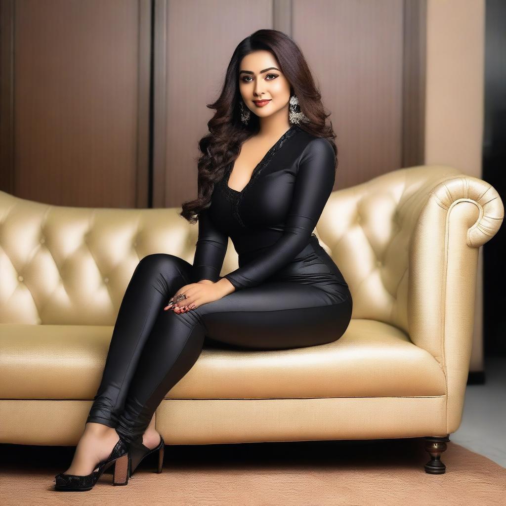 A beautiful Bengali actress and curvy model with an attractive body figure, wearing a bodycon kurta and silky black satin skinny tight shiny jeans