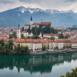 A vision of Slovenia pervaded by the steampunk aesthetic: Ljubljana cityscape underscored by antique mechanical constructs, the Julian Alps dotted with steam-powered accommodations, and Lake Bled surrounded by clockwork landscapes.