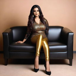 A beautiful Bengali actress and curvy model with an attractive body figure, wearing a bodycon kurta and silky black satin skinny tight shiny jeans