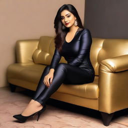 A beautiful Bengali actress and curvy model with an attractive body figure, wearing a bodycon kurta and silky black satin skinny tight shiny jeans