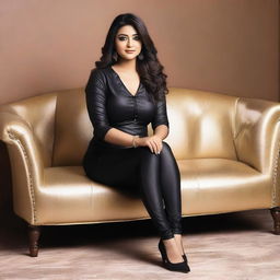 A beautiful Bengali actress and curvy model with an attractive body figure, wearing a bodycon kurta and silky black satin skinny tight shiny jeans