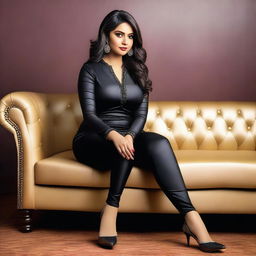 A beautiful Bengali actress and curvy model with an attractive body figure, wearing a bodycon kurta and silky black satin skinny tight shiny jeans