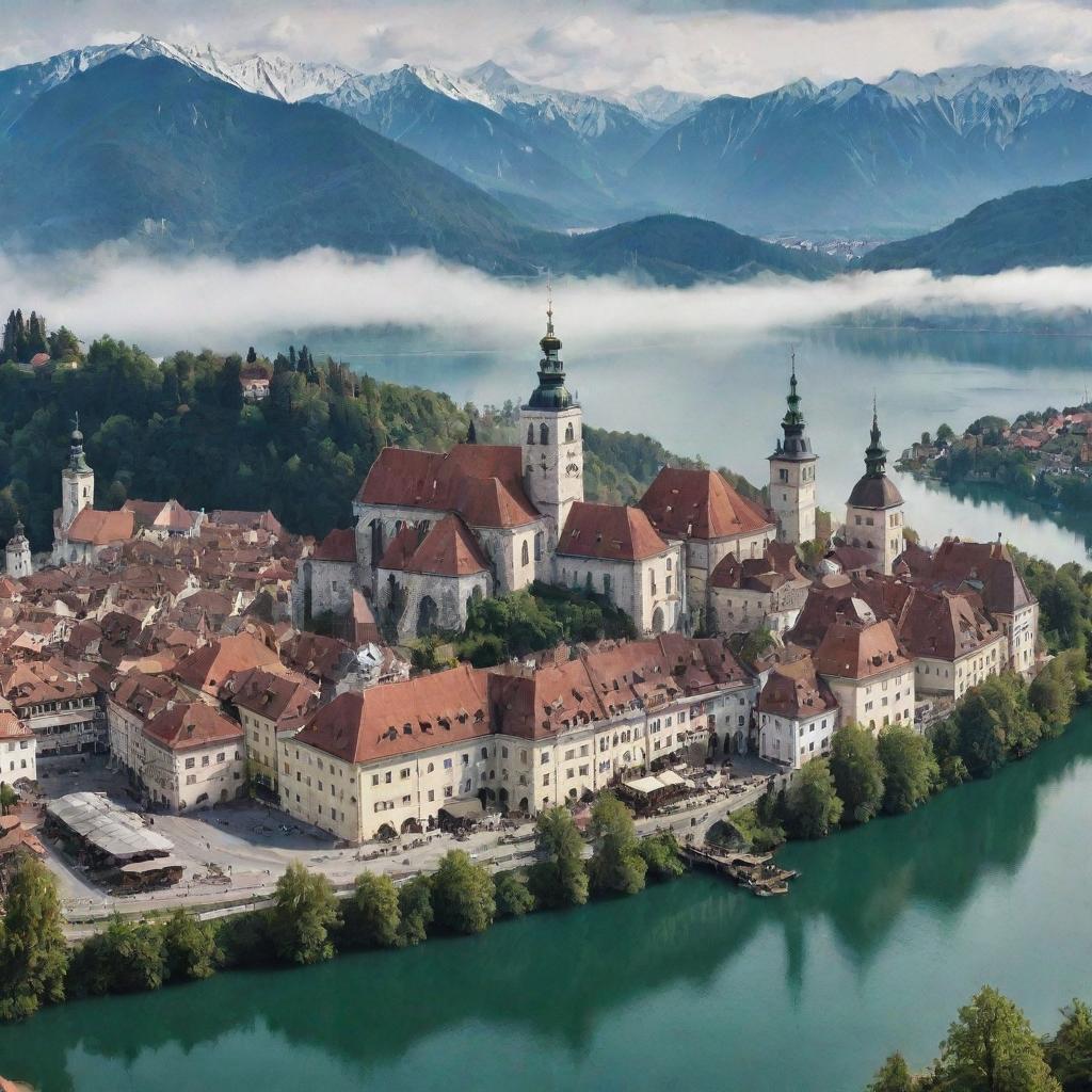 A vision of Slovenia pervaded by the steampunk aesthetic: Ljubljana cityscape underscored by antique mechanical constructs, the Julian Alps dotted with steam-powered accommodations, and Lake Bled surrounded by clockwork landscapes.