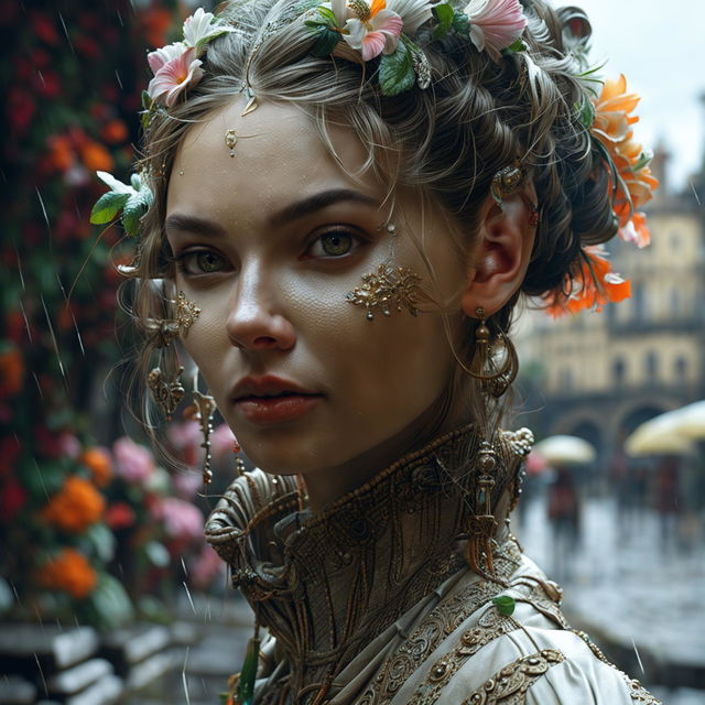 Intense close-up of a Russian elfish woman's intricately detailed face in a hyper-realistic 3D photograph. She's in a rococo gown in a vibrant, mystical Russian town on a rainy day.