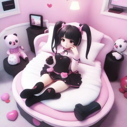 A woman with long black twintails and red eyes is laying down on a heart-shaped bed in a digital bedroom