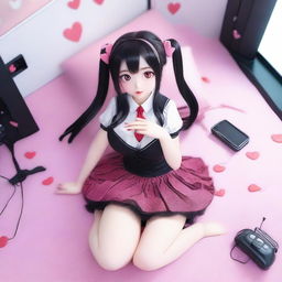 A woman with long black twintails and red eyes is laying down on a heart-shaped bed in a digital bedroom