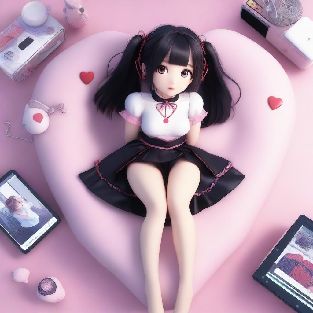 A woman with long black twintails and red eyes is laying down on a heart-shaped bed in a digital bedroom