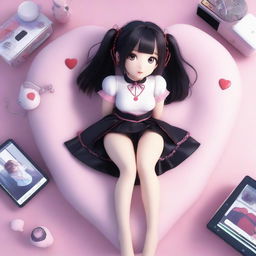 A woman with long black twintails and red eyes is laying down on a heart-shaped bed in a digital bedroom