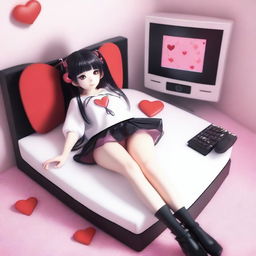 A woman with long black twintails and red eyes is laying down on a heart-shaped bed in a digital bedroom