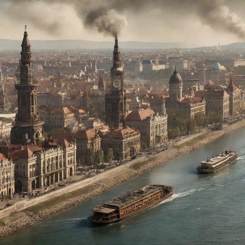 A graphic interpretation of Hungary, depicted through a steampunk lens, with Budapest's cityscape entwined with intricate clockwork, the Danube river bustling with steamboats, and the rural landscapes enhanced with steam-powered machinery.