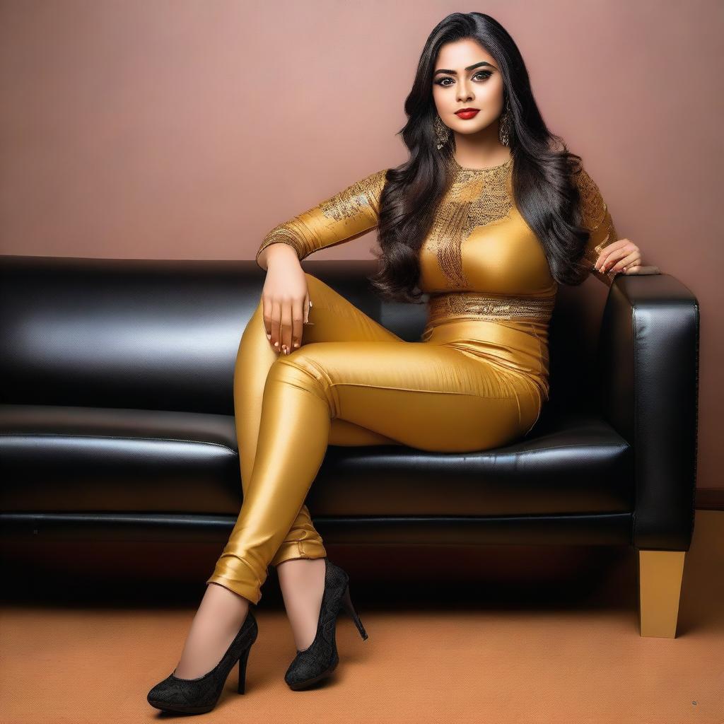 A beautiful Bengali actress and curvy model with an attractive body figure, wearing a bodycon kurta and silky black satin skinny tight shiny jeans