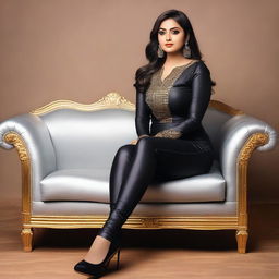 A beautiful Bengali actress and curvy model with an attractive body figure, wearing a bodycon kurta and silky black satin skinny tight shiny jeans