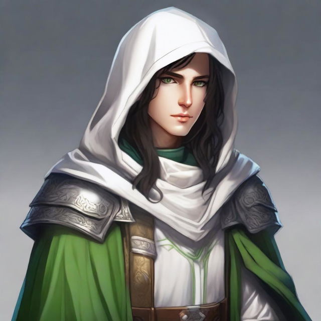 A human Cleric with fair skin and green eyes, also having dark hair