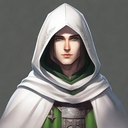 A human Cleric with fair skin and green eyes, also having dark hair