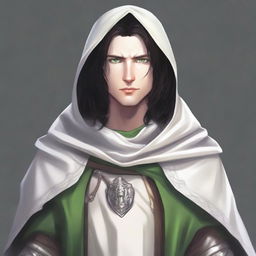 A human Cleric with fair skin and green eyes, also having dark hair