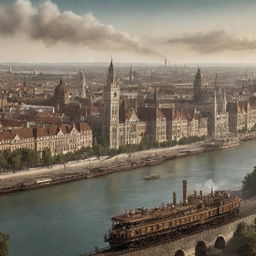 A graphic interpretation of Hungary, depicted through a steampunk lens, with Budapest's cityscape entwined with intricate clockwork, the Danube river bustling with steamboats, and the rural landscapes enhanced with steam-powered machinery.