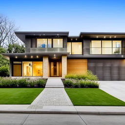 A luxurious contemporary house nestled in a serene suburban neighborhood, accentuated by a landscaped garden, well-manicured lawns and a cobblestone driveway.