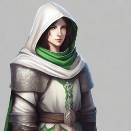 A human Cleric with fair skin and green eyes, also having dark hair