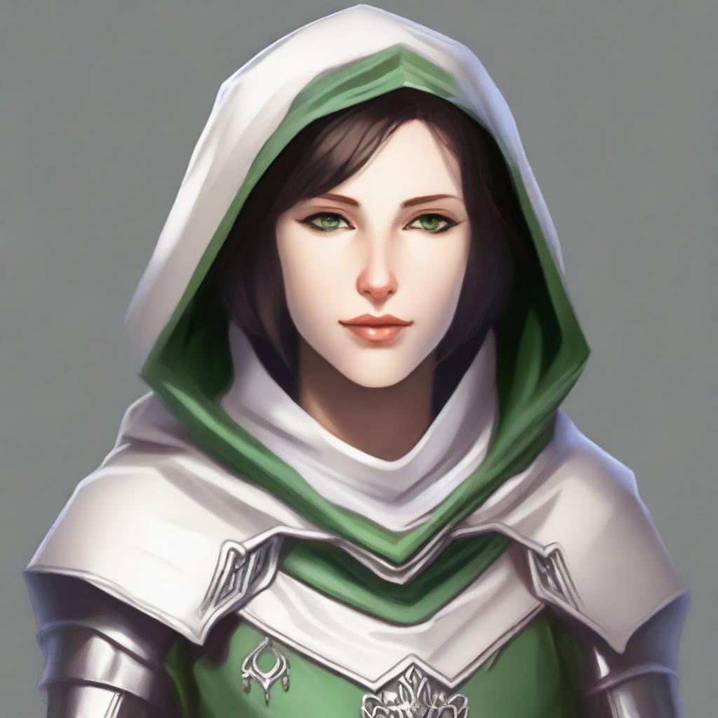 A human Cleric with fair skin and green eyes, also having short dark hair