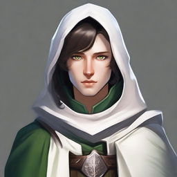 A human Cleric with fair skin and green eyes, also having short dark hair