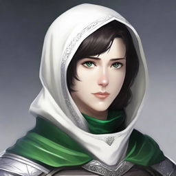 A human Cleric with fair skin and green eyes, also having short dark hair