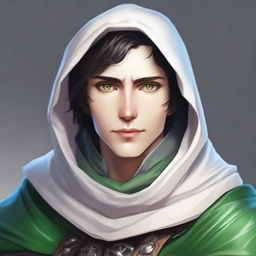 A human Cleric with fair skin and green eyes, also having short dark hair